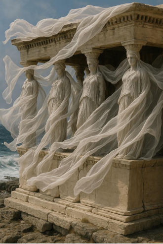 #Caryatids som flyter i vinden# Skulpturens stil är nära förknippad med forntida grekisk konst